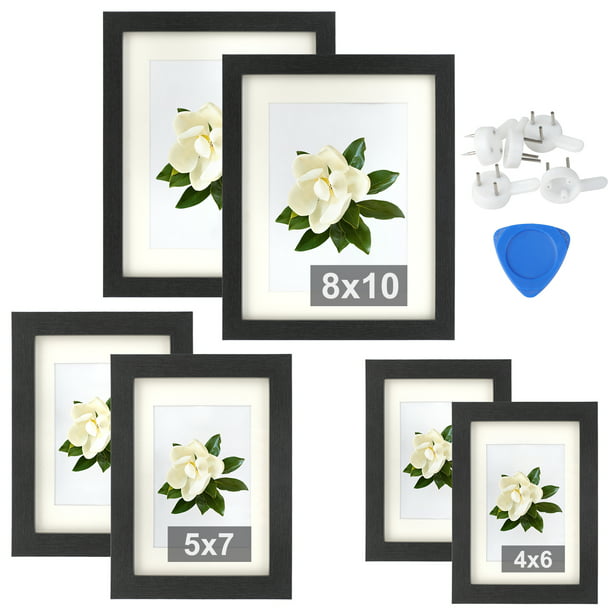 Mounting Hardware Included for Wall or Tabletop Display,4x6 with Mat or 5x7 Without Mat Living Room Home Decor Black 5x7 Picture Frame Set of 4 with High Definition Glass,Wood Textured Photo Frames Collage 